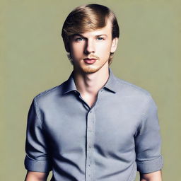 A realistic depiction of Taylor Swift as a man, maintaining her recognizable facial features but with masculine characteristics