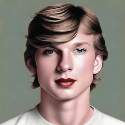 A realistic depiction of Taylor Swift as a man, maintaining her recognizable facial features but with masculine characteristics