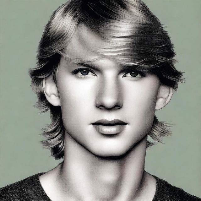 A realistic depiction of Taylor Swift as a man, maintaining her recognizable facial features but with masculine characteristics