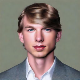 A realistic depiction of Taylor Swift as a man, maintaining her recognizable facial features but with masculine characteristics