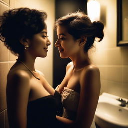 A realistic photograph of two petite women flirting and sharing a tender moment in the dark ambience of a restroom