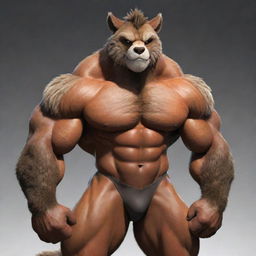 A muscular and exceptionally buff anthropomorphic animal character known as a 'furry'. The character boasts a powerful physique while maintaining the distinctive stylings and trappings of a furry.