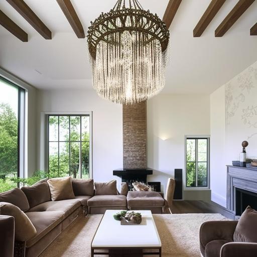 An intricately designed, stylish and modern interior of a living room with a big chandelier hanging from a high ceiling, comfortable suede sofas, a fireplace, and large windows with a view to a beautiful garden.