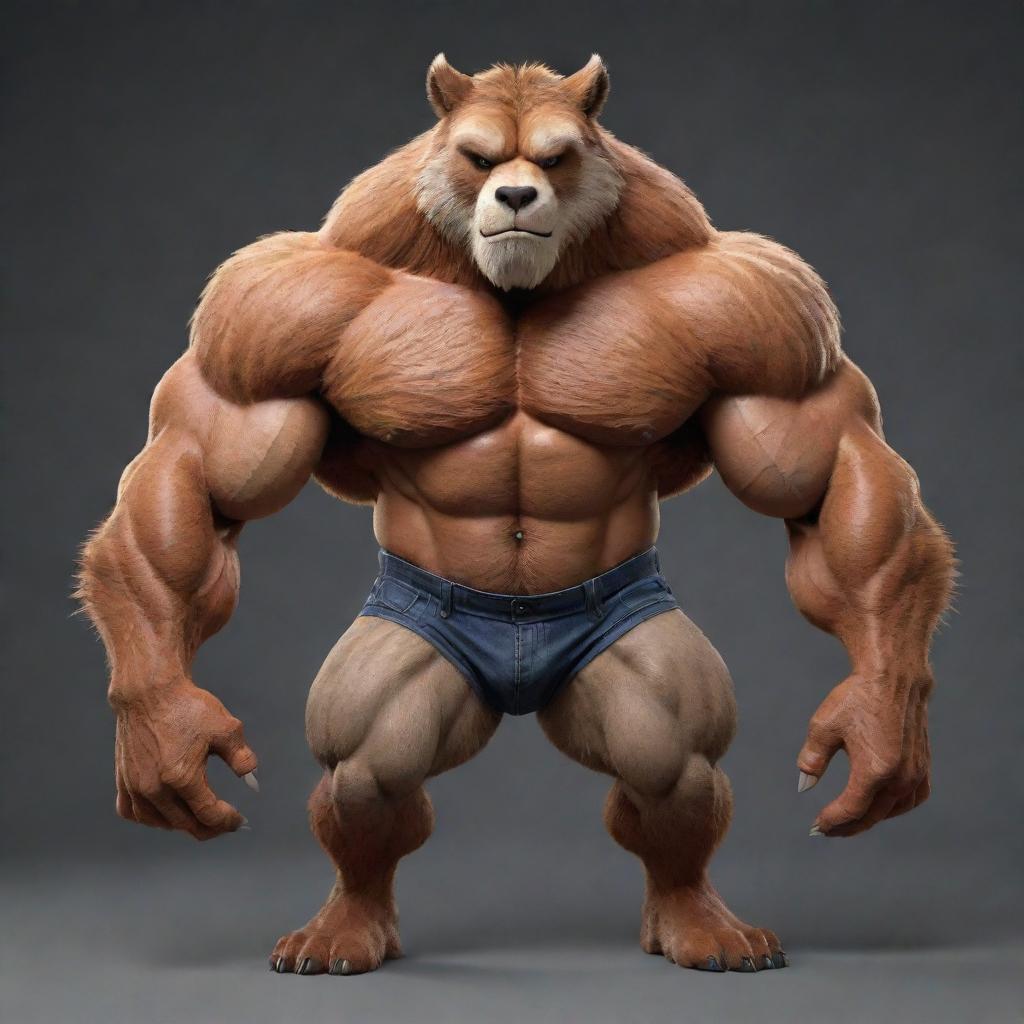 A muscular and exceptionally buff anthropomorphic animal character known as a 'furry'. The character boasts a powerful physique while maintaining the distinctive stylings and trappings of a furry.