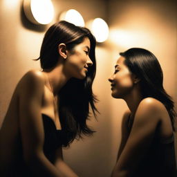 A realistic photograph of two petite women flirting and sharing a tender moment in the dark ambience of a restroom