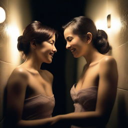 A realistic photograph of two petite women flirting and sharing a tender moment in the dark ambience of a restroom