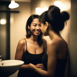 A realistic photograph of two petite women flirting and sharing a tender moment in the dark ambience of a restroom