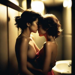 An ultra realistic photograph of two petite women flirting and smooching, leaning over each other in the dark ambience of a restroom