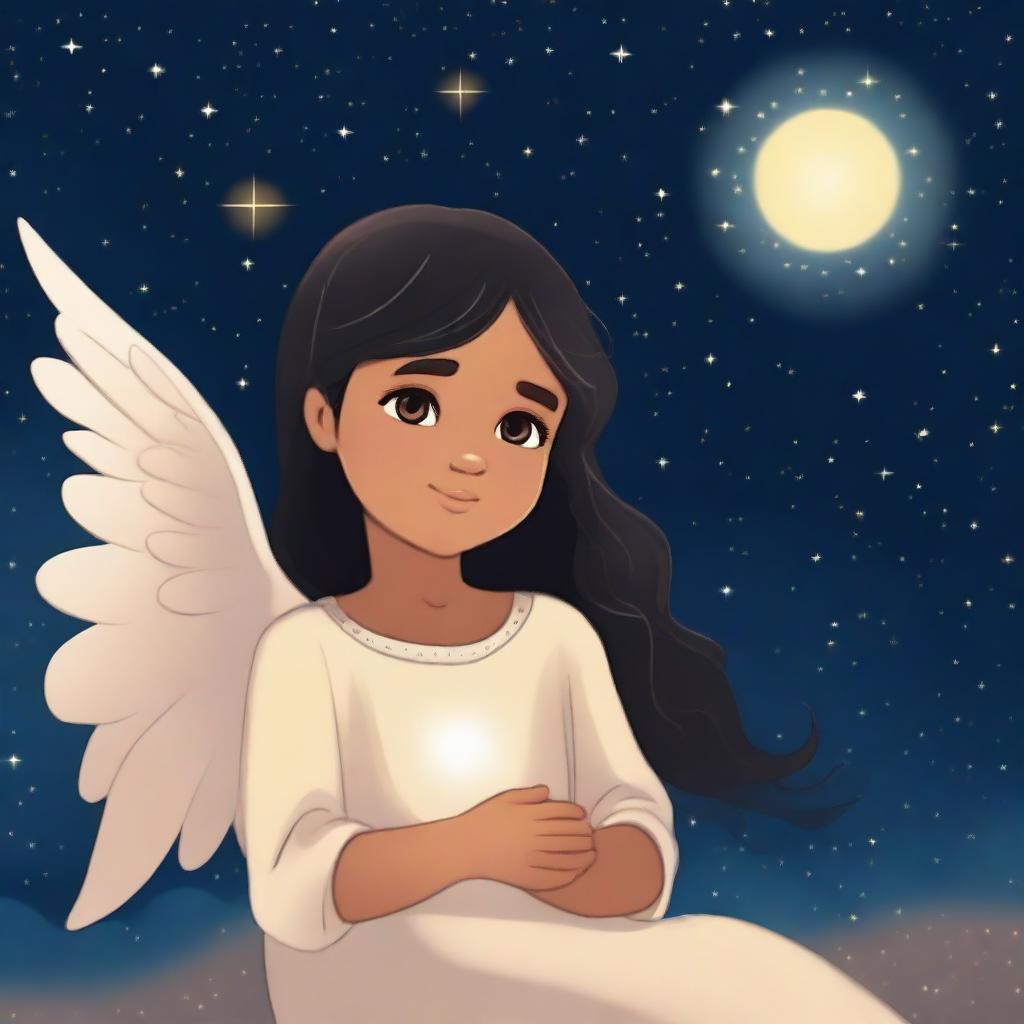 A seven-year-old child named Mia with long straight black hair and beautiful big brown eyes is with a beautiful glowing angel floating in the night sky, looking down at Bethlehem