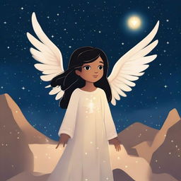 A seven-year-old child named Mia with long straight black hair and beautiful big brown eyes is with a beautiful glowing angel floating in the night sky, looking down at Bethlehem