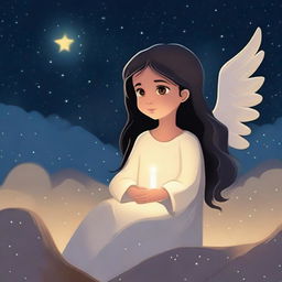 A seven-year-old child named Mia with long straight black hair and beautiful big brown eyes is with a beautiful glowing angel floating in the night sky, looking down at Bethlehem