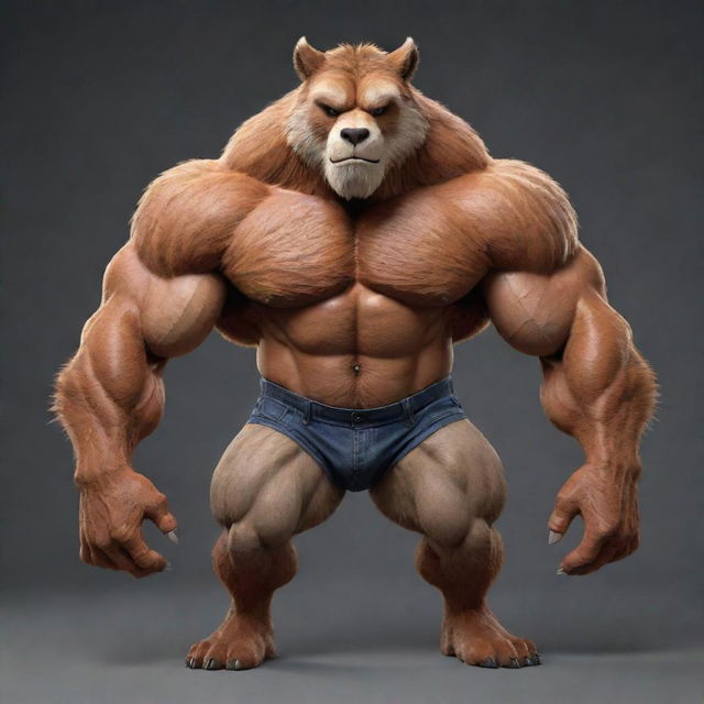 A muscular and exceptionally buff anthropomorphic animal character known as a 'furry'. The character boasts a powerful physique while maintaining the distinctive stylings and trappings of a furry.