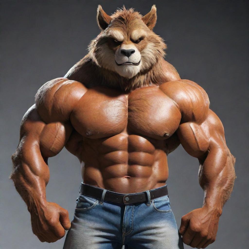 A muscular and exceptionally buff anthropomorphic animal character known as a 'furry'. The character boasts a powerful physique while maintaining the distinctive stylings and trappings of a furry.