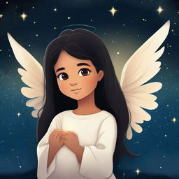 A seven-year-old child named Mia with long straight black hair and beautiful big brown eyes is with a beautiful glowing angel floating in the night sky, looking down at Bethlehem