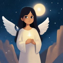 A seven-year-old child named Mia with long straight black hair and beautiful big brown eyes, standing in the night sky