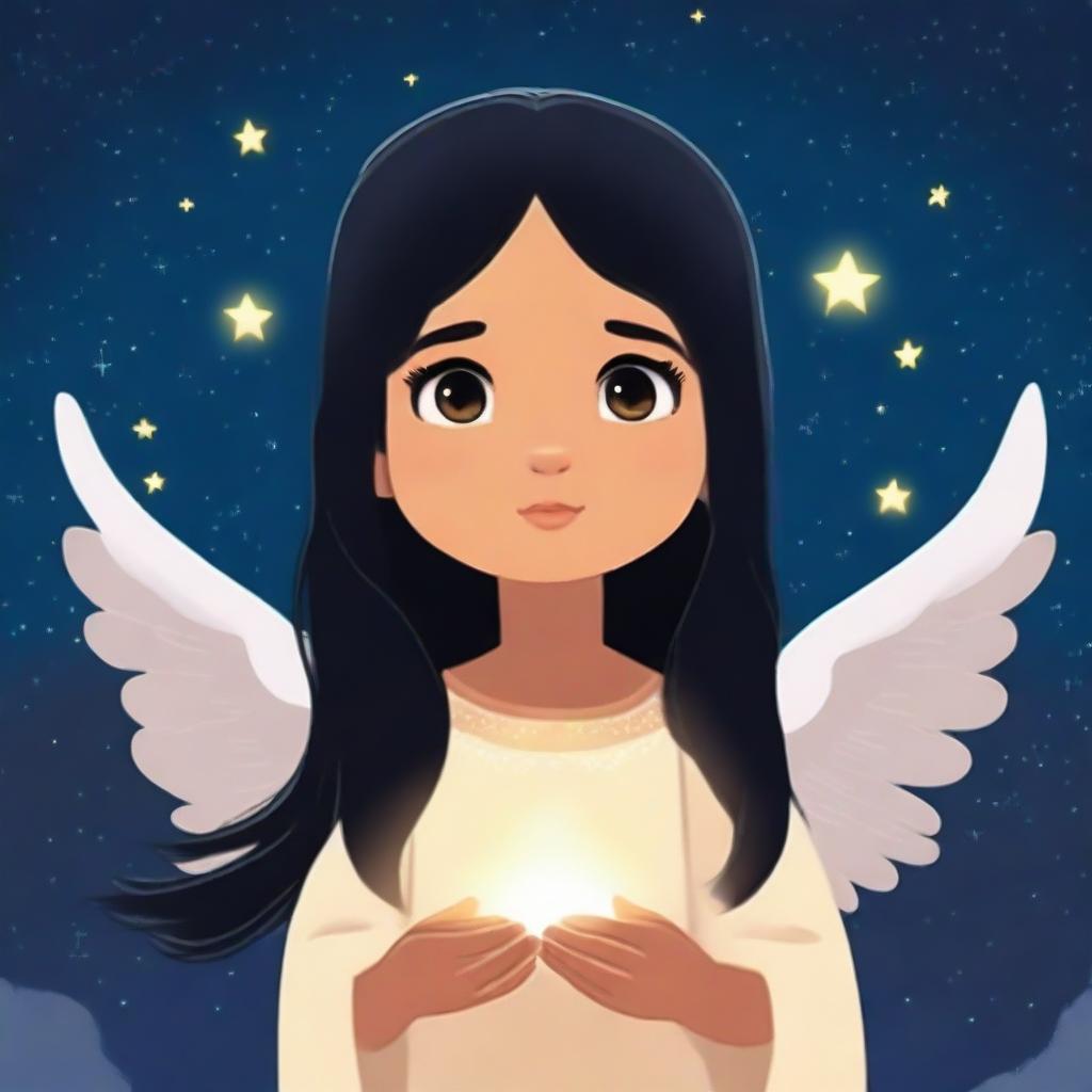 A seven-year-old child named Mia with long straight black hair and beautiful big brown eyes, standing in the night sky