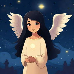 A seven-year-old child named Mia with long straight black hair and beautiful big brown eyes, standing in the night sky