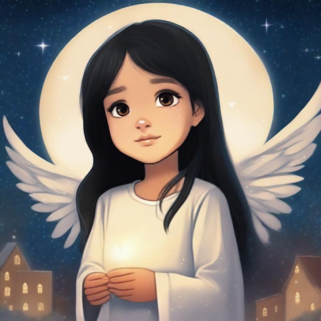 A heartwarming scene featuring Mia, a seven-year-old child with long straight black hair and beautiful big brown eyes, standing under a starry night sky