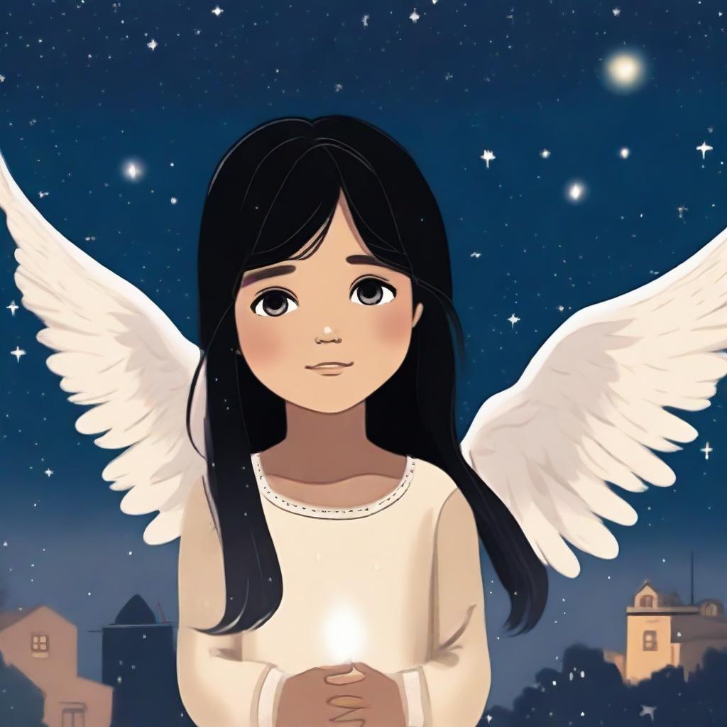 A heartwarming scene featuring Mia, a seven-year-old child with long straight black hair and beautiful big brown eyes, standing under a starry night sky