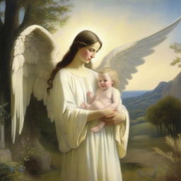 The angel Gabriel visiting Mary who is holding baby Jesus in her arms