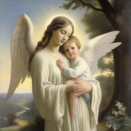 The angel Gabriel visiting Mary who is holding baby Jesus in her arms