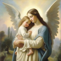 The angel Gabriel visiting Mary who is holding baby Jesus in her arms