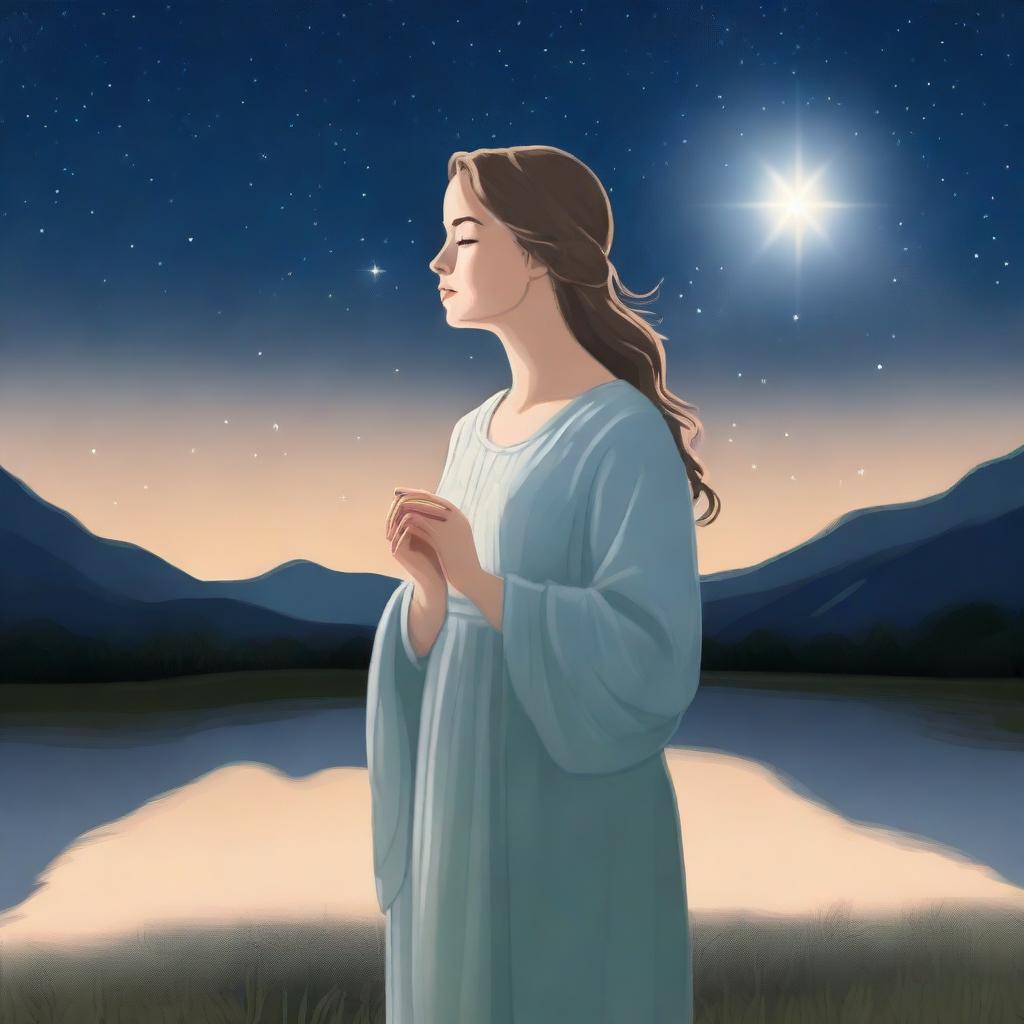 A serene night scene featuring Mary, a young woman with a peaceful expression, gazing up at a bright, shining star in the sky