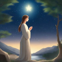 A serene night scene featuring Mary, a young woman with a peaceful expression, gazing up at a bright, shining star in the sky