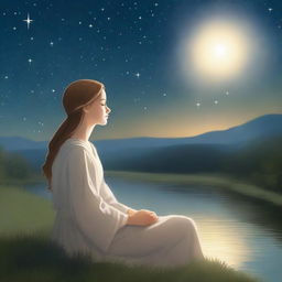 A serene night scene featuring Mary, a young woman with a peaceful expression, gazing up at a bright, shining star in the sky