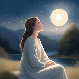 A serene night scene featuring Mary, a young woman with a peaceful expression, gazing up at a bright, shining star in the sky