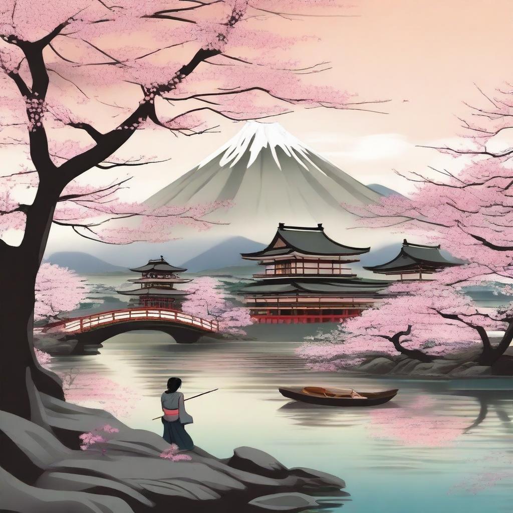 An artistic representation of a traditional Japanese scene from the old era, featuring samurai, geishas, and ancient temples