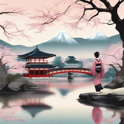 An artistic representation of a traditional Japanese scene from the old era, featuring samurai, geishas, and ancient temples