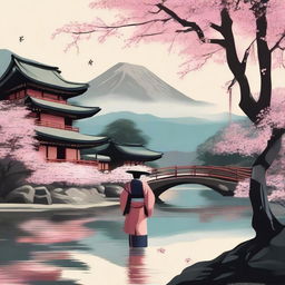 An artistic representation of a traditional Japanese scene from the old era, featuring samurai, geishas, and ancient temples