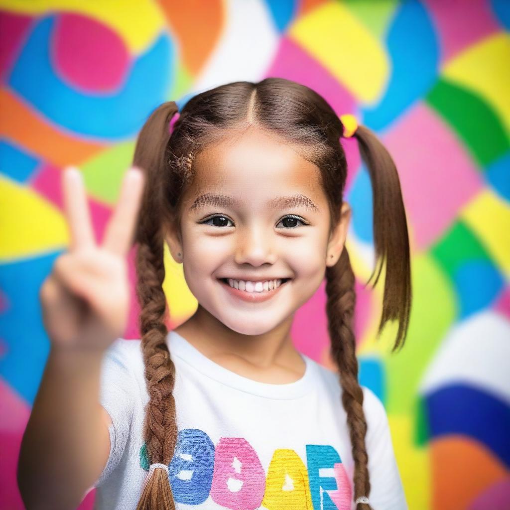 A young girl is smiling and making the peace sign