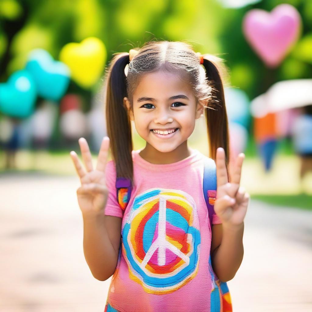 A young girl is smiling and making the peace sign