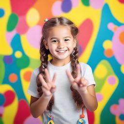 A young girl is smiling and making the peace sign