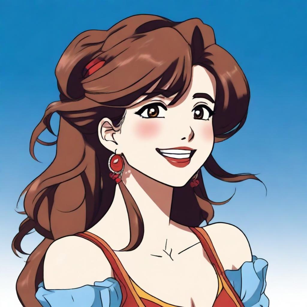 A Mexican woman with long wavy brown hair, white skin, and a smile, depicted in an anime style