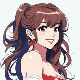 A Mexican woman with long wavy brown hair, white skin, and a smile, depicted in an anime style