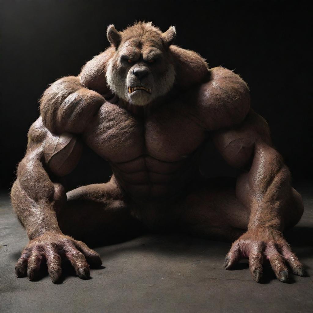 A highly muscular and buff anthropomorphic 'furry' character experiencing a dramatic demise scene. The character is steeped in shadow, dramatically collapsing or lying down, evoking a sense of profound loss.