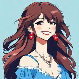 A Mexican woman with long wavy brown hair, white skin, and a smile, depicted in an anime style