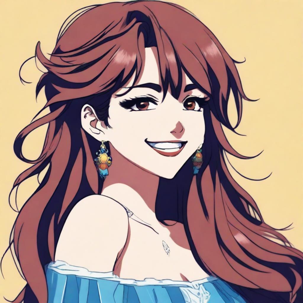 A Mexican woman with long wavy brown hair, white skin, and a smile, depicted in an anime style