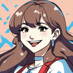 A Mexican woman with long wavy brown hair, white skin, and a smile, depicted in an anime style