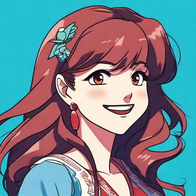 A Mexican woman with long wavy brown hair, white skin, and a smile, depicted in an anime style