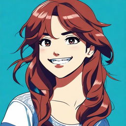 A Mexican woman with long wavy brown hair, white skin, and a smile, depicted in an anime style