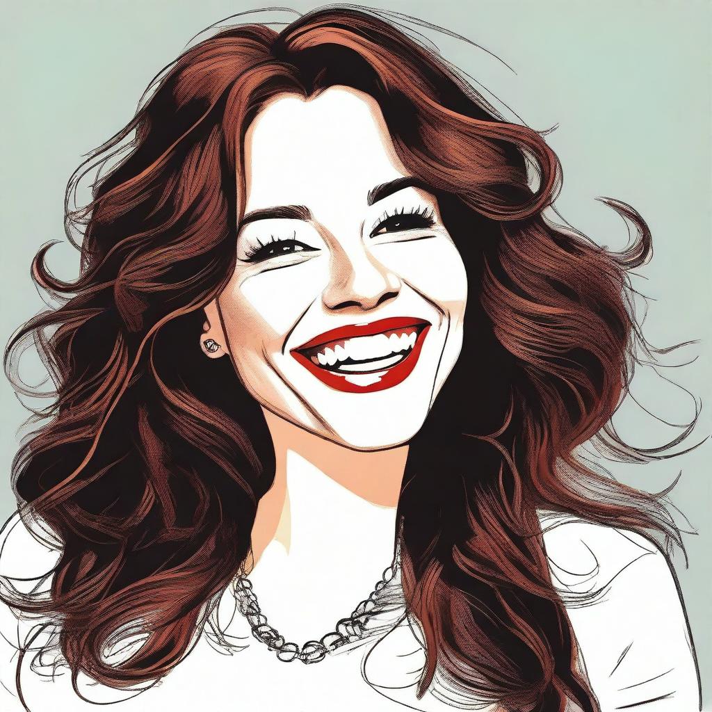 A woman with long wavy brown hair, white skin, and a smile, shown from the side, laughing with a more caricatured style