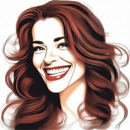 A woman with long wavy brown hair, white skin, and a smile, shown from the side, laughing with a more caricatured style