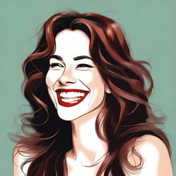 A woman with long wavy brown hair, white skin, and a smile, shown from the side, laughing with a more caricatured style