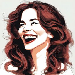 A woman with long wavy brown hair, white skin, and a smile, shown from the side, laughing with a more caricatured style