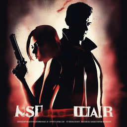 Create a book cover for 'Asa: The Never Ending Saga of Pain' featuring a male and female character holding guns at each other