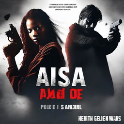 Create a book cover for 'Asa: The Never Ending Saga of Pain' featuring a male and female character holding guns at each other